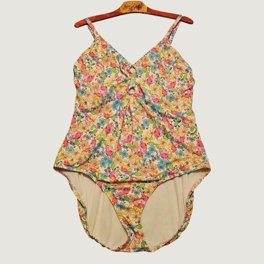 Time and Tru Women Floral One Piece Swimsuit 2X 20W-22W Pink Yellow Blue Cutout